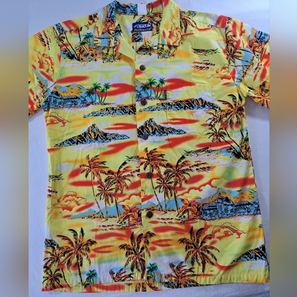 Palmwave HAWAIIAN short sleeve button down MEDIUM bright Yellow print - Picture 5 of 7
